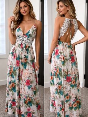 Cupshe Beach, Vacations Tropical Flowers Multicolor Light Weight Maxi Dress S